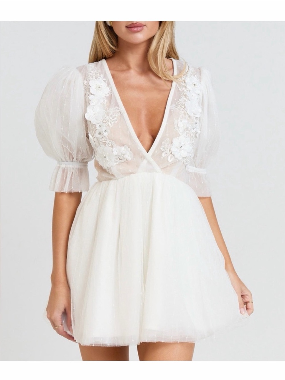 Akshia Mini Puff Sleeve Floral Detail Plunge Neck Dress White Size Small